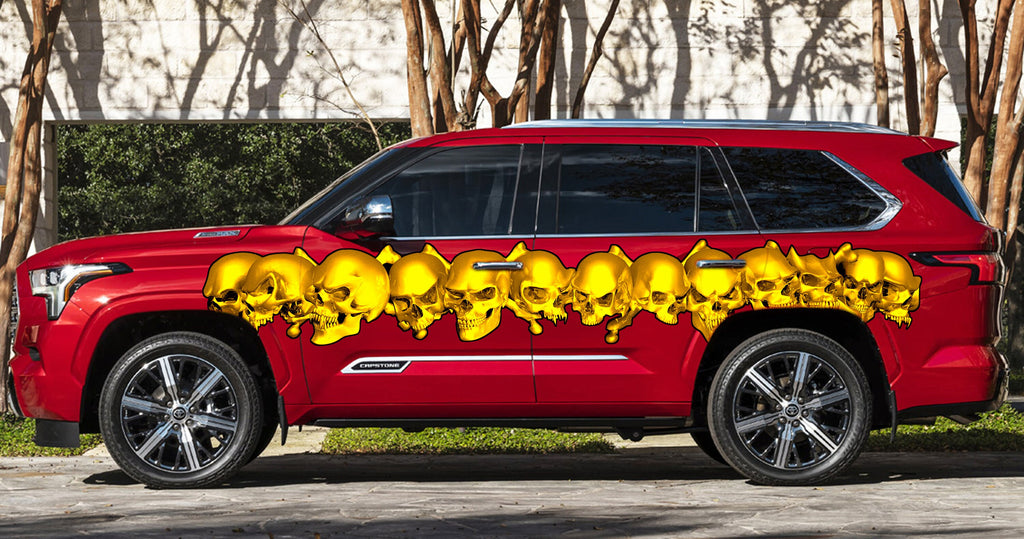 3D Skulls Car Vinyl Decal, Full Color Car Side Graphics, Skull Racing Stripes Sticker, Tribal Skulls Car Wrap, One Part Mirrored