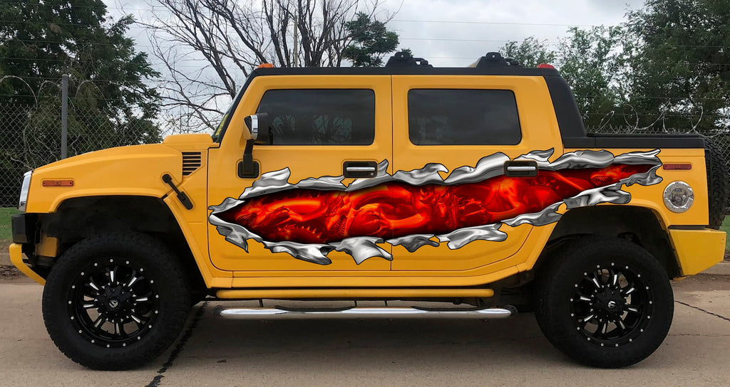 3D Dragons Street Racing Graphic, Ripped Metal Full Color Car Vinyl Design, Dragon Car Vinyl Sticker, Lizard Vinyl Side Wrap, Car Side Decal