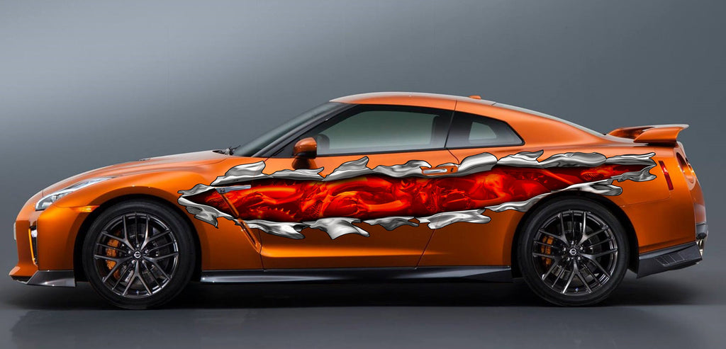 Dragons Ripped Metal Car Wrap, Dragons Car Vinyl Decal, Lizard Car Vinyl Sticker, Full Color Car Side Graphics, Lizard Car Side Design