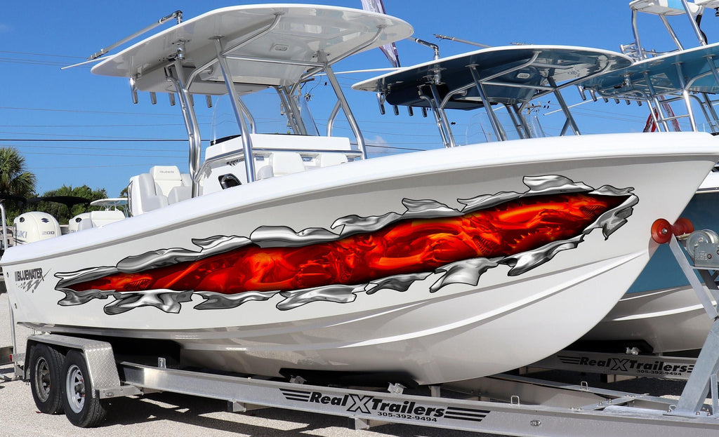 3D Dragons Ripped Metal Full Color Yacht Vinyl Decal, Lizard Speed Boat Vinyl Design, Dragon Cigar Boat Wrap, Lizard Yacht Vinyl Sticker