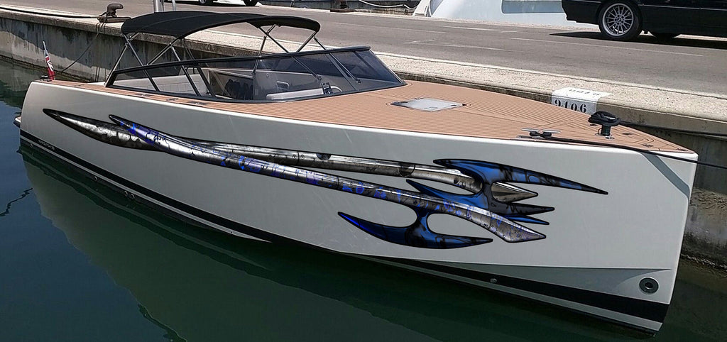 3D Yacht Graphic Decal, Racing Stripes Boat Vinyl Sticker, Tribal Boat Wrap, Tribal Speed Boat Vinyl, Watercraft Sticker, Tribal Boat Design