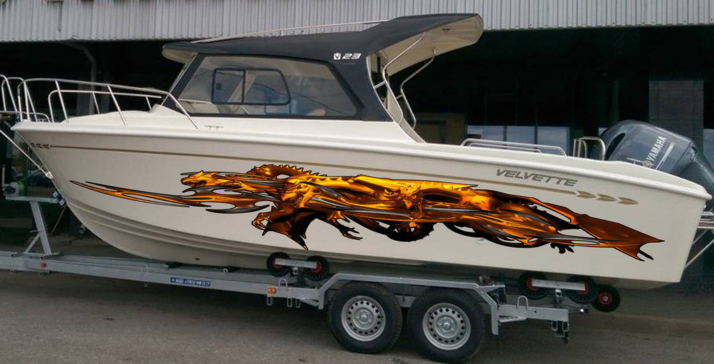 3D Golden Dragons Full Color Yacht Vinyl Decal, Speed Boat Vinyl Design, Dragon Cigar Boat Wrap, Golden Dragon Yacht Sticker