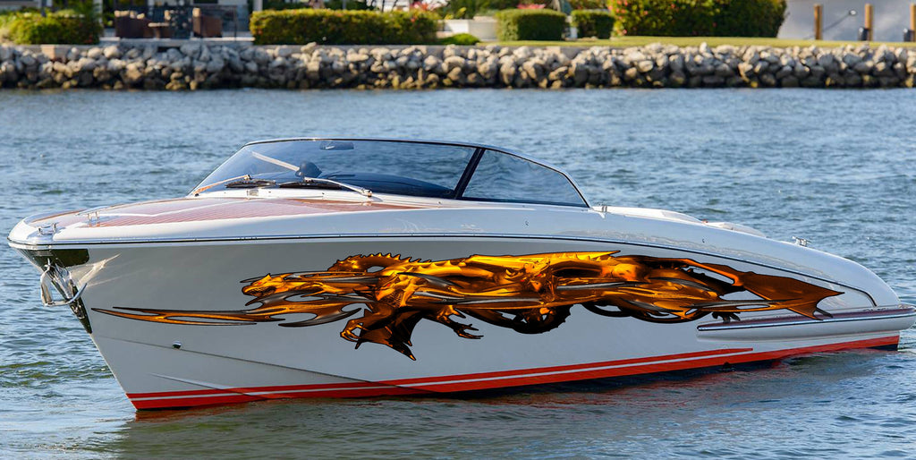 3D Golden Dragons Full Color Yacht Vinyl Decal, Speed Boat Vinyl Design, Dragon Cigar Boat Wrap, Golden Dragon Yacht Sticker
