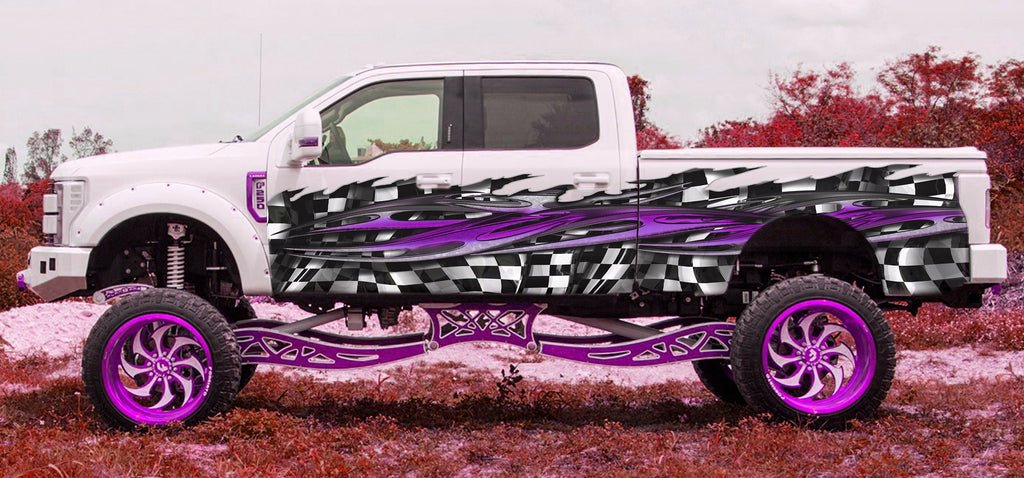 Racing Flag Car Vinyl Sticker, Checkered flag Jeep Side Graphics, Tribal Racing Ripped Metal Car Wrap, Flag Car Design