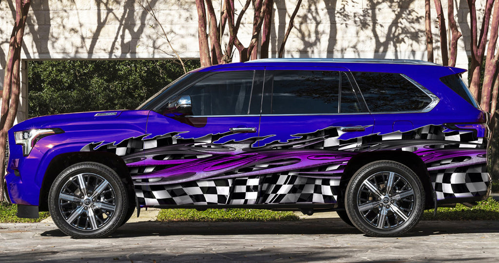 Ripped Metal Checkered Flag Car Graphic, Racing Flag Car Side Wrap, Full Color Car Side Decal, Checkered Flag Car Vinyl Design