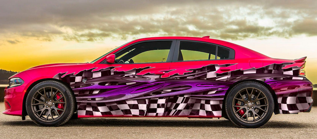 Checkered flag street racing car vinyl graphics, Racing flag car side wrap, 3D Racing flag car side vinyl decal, Checkered flag car design