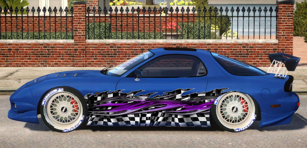 Checkered flag street racing car vinyl graphics, Racing flag car side wrap, 3D Racing flag car side vinyl decal, Checkered flag car design