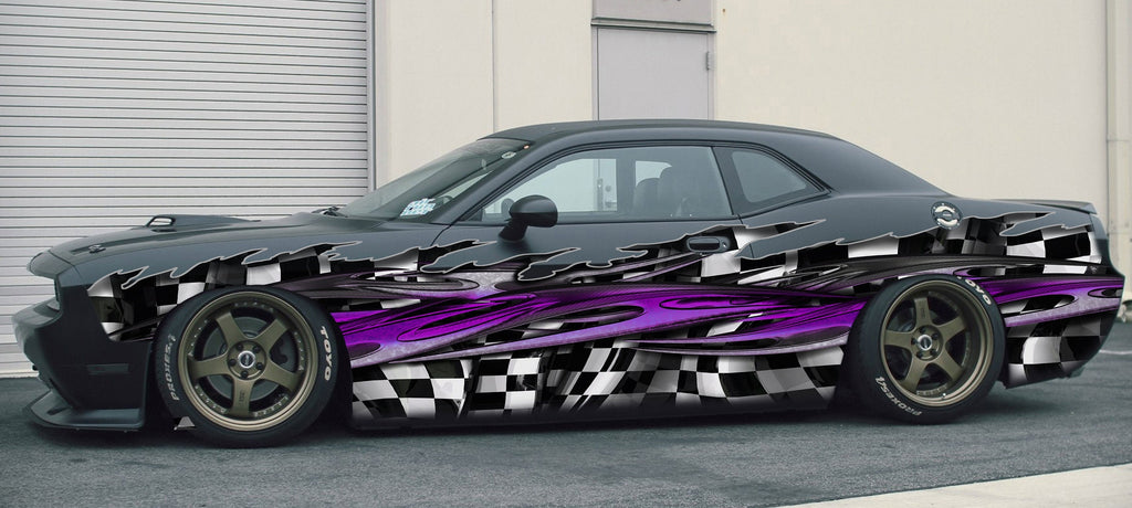 Checkered flag street racing car vinyl graphics, Racing flag car side wrap, 3D Racing flag car side vinyl decal, Checkered flag car design