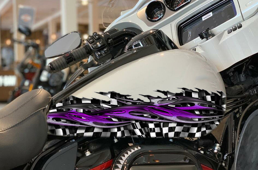 3D Checkered flag Motorcycle decal, Racing flag Racing Bike wrap, Flag Tribal street racing graphic, 3D Bike sticker wrap Ripped Metal