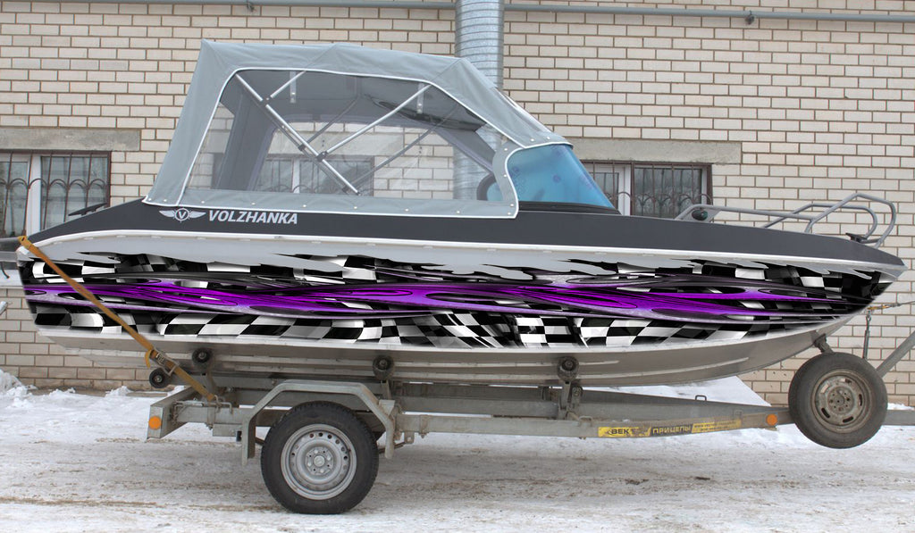 Racing flag Yacht Vinyl Sticker, 3D Checkered flag Boat Graphics, Ripped Metal Full Color Speed Boat Vinyl Design, Racing flag Boat Wrap