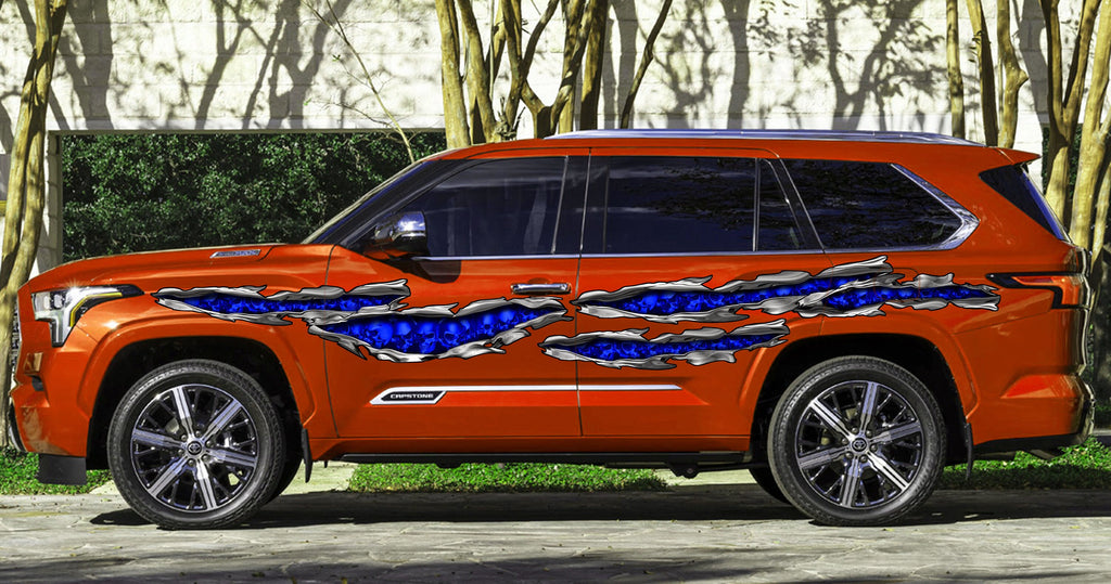 Ripped Metal Full Color Skulls Car Vinyl Decal, Flag Car Side Graphics, Skull Racing Stripes Sticker, Tribal Skull Car Wrap, Large Car Decal