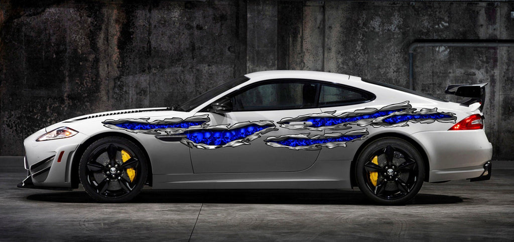 Skulls Racing Stripes Vinyl Decal, Ripped Metal Full Color Skull Car Vinyl Design, Skulls Car Wrap, Skull Car Sticker, 3D Design Car Decal