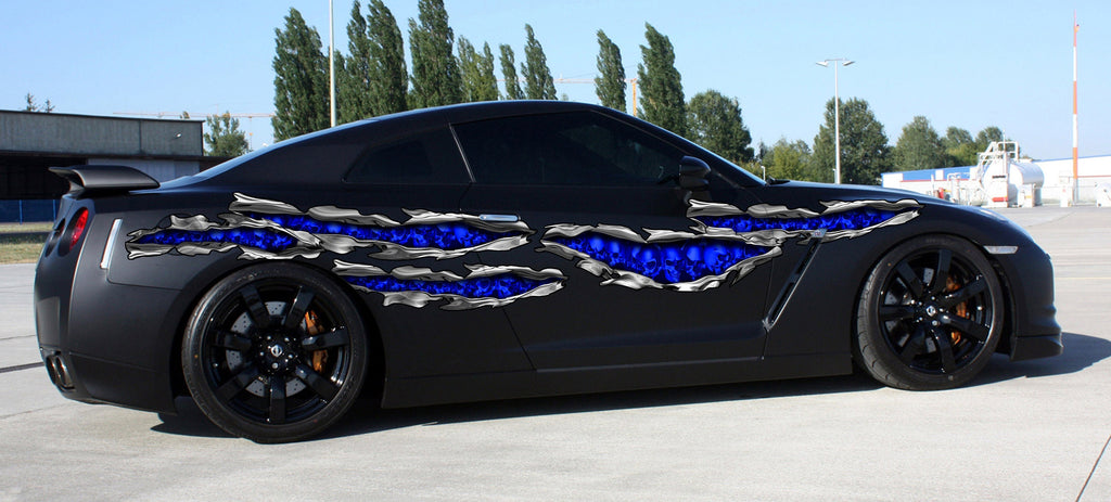 Flag Skulls street racing graphics, 3D Skull car vinyl decal, Ripped Metal Skulls car vinyl sticker, Car wrap sculls vinyl, Car wrap design