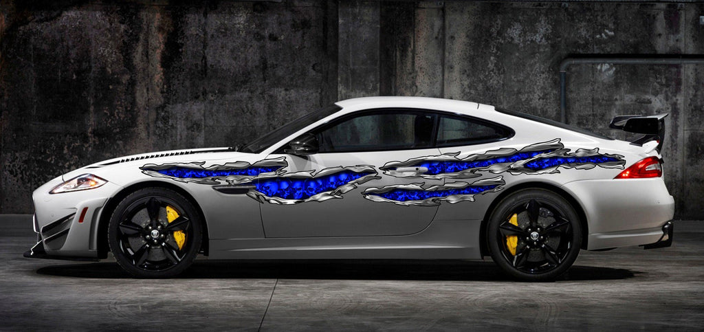 Flag Skulls street racing graphics, 3D Skull car vinyl decal, Ripped Metal Skulls car vinyl sticker, Car wrap sculls vinyl, Car wrap design