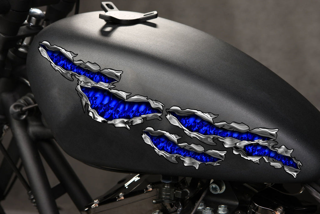 Ripped Metal Skulls Motorcycle Stickers, Chopper Wrap Design, Skulls Bike Vinyl Decal, Full Color Crotch Rocket Graphics, Flag Bike Sticker