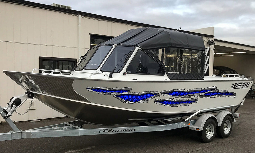 3D Skulls Boat Graphics, Ripped Metal Flag Full Color Speed Boat Vinyl Design, Ripped Metal Sculls Yacht Vinyl, Sculls Watercraft Sticker