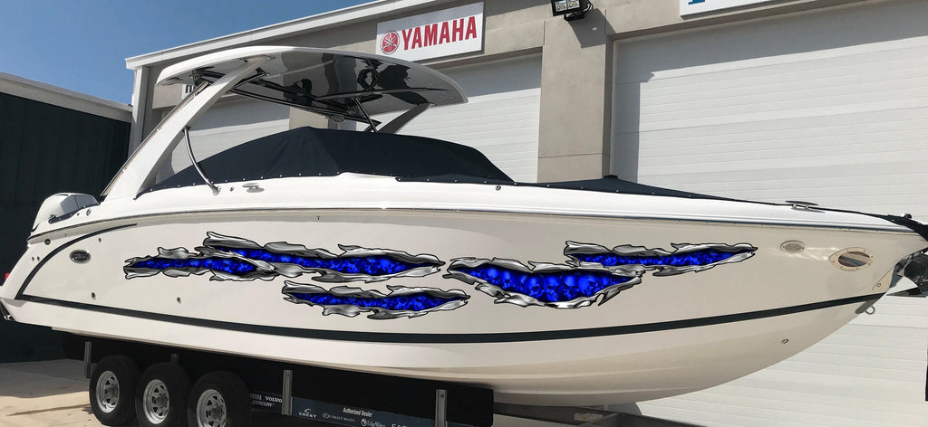 3D Skulls Boat Graphics, Ripped Metal Flag Full Color Speed Boat Vinyl Design, Ripped Metal Sculls Yacht Vinyl, Sculls Watercraft Sticker