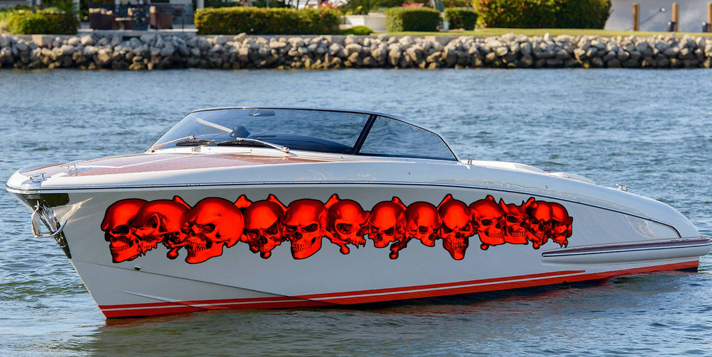 Full Color Cigar Boat Graphics Vinyl Decal, Skulls Boat Vinyl, Pirate Skulls Boat Wrap, Skulls Watercraft Graphics Full Color Racing Stripes