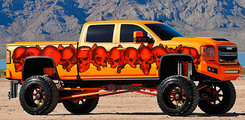 3D Pirate Skull Truck Vinyl Decal, Skulls Full Color Truck Side Graphics, Skull Racing Stripes Car Sticker, Tribal Skulls Car Wrap