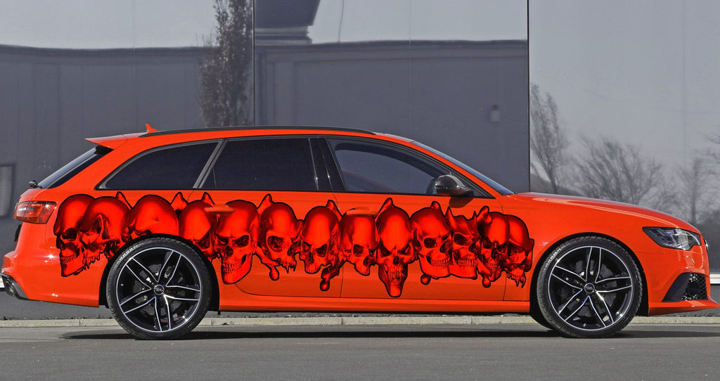 Tribal Skulls Racing Stripes Vinyl Decal, Pirate Skull Full Color Car Vinyl Design, Skulls Car Wrap, Skull Car Vinyl Sticker, Car Decal