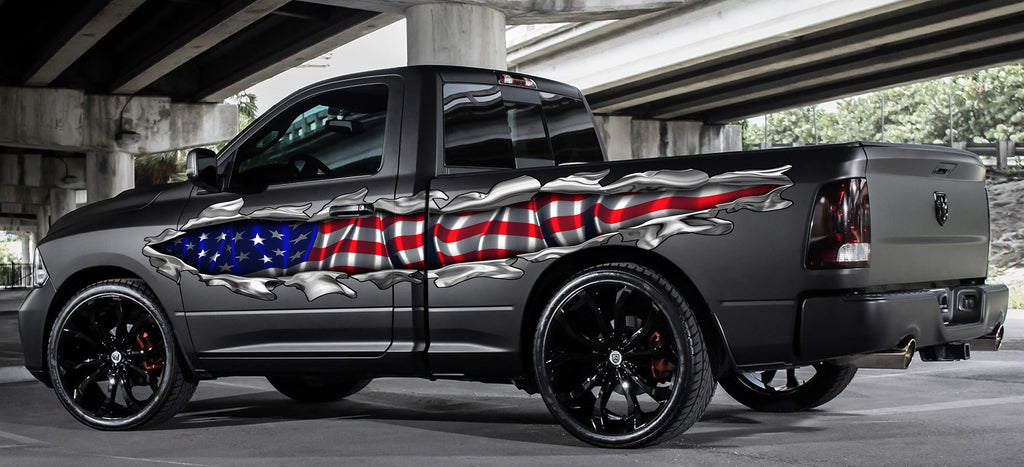 US Flag Car Vinyl Decal, US Pride Car Graphics, American Flag Car Wrap, USA Flag Ripped Metal Full Color Car Design, Patriotic Car Sticker