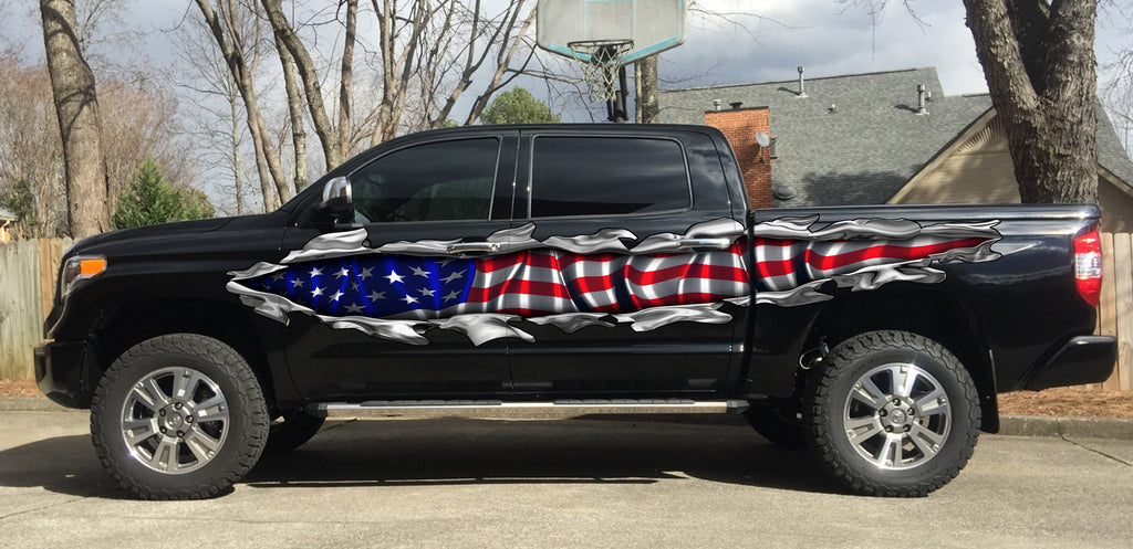 US Flag Car Vinyl Decal, US Pride Car Graphics, American Flag Car Wrap, USA Flag Ripped Metal Full Color Car Design, Patriotic Car Sticker