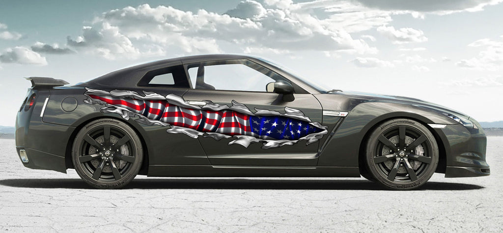 US Flag Ripped Metal car vinyl decal, US Flag car wrap, US Pride car vinyl sticker, American flag car side design, Big flag decals