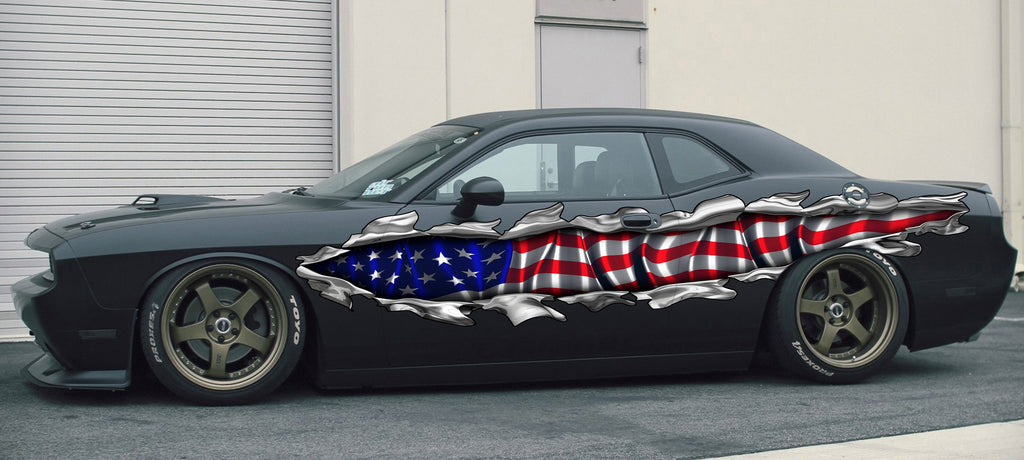 US Flag Ripped Metal car vinyl decal, US Flag car wrap, US Pride car vinyl sticker, American flag car side design, Big flag decals
