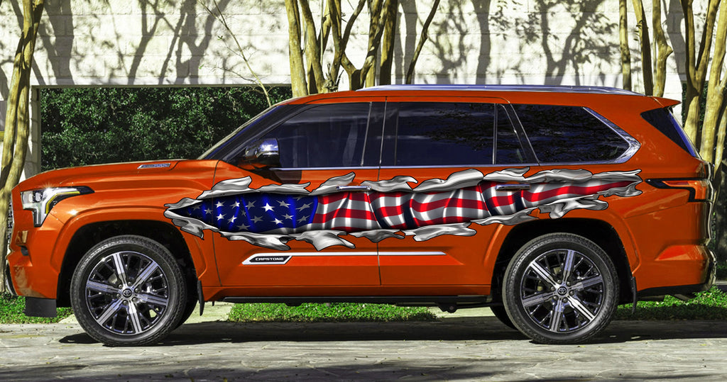 US Flag Ripped Metal car vinyl side wrap, American flag car vinyl decal, Patriotic car vinyl side sticker, USA Flag car vinyl graphics