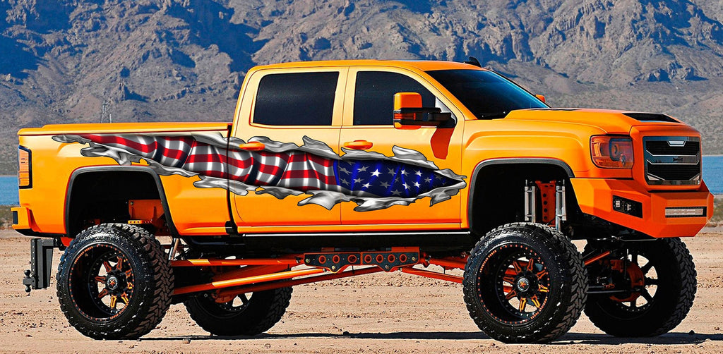US Flag Ripped Metal car vinyl side wrap, American flag car vinyl decal, Patriotic car vinyl side sticker, USA Flag car vinyl graphics