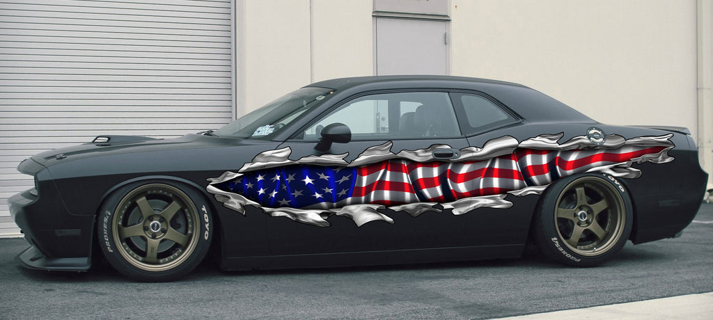 American Flag full color car side graphics, USA Flag car vinyl sticker, Patriotic car decals, Big flag decals, US Flag side wrap