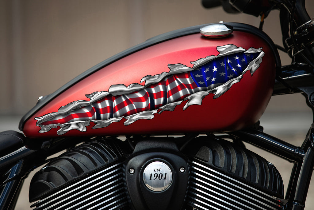 US Flag bike vinyl side wrap, American flag bike vinyl decal, USA Flag crotch rocket vinyl graphics, Ripped Metal full color chopper design