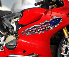 US Flag bike vinyl side wrap, American flag bike vinyl decal, USA Flag crotch rocket vinyl graphics, Ripped Metal full color chopper design