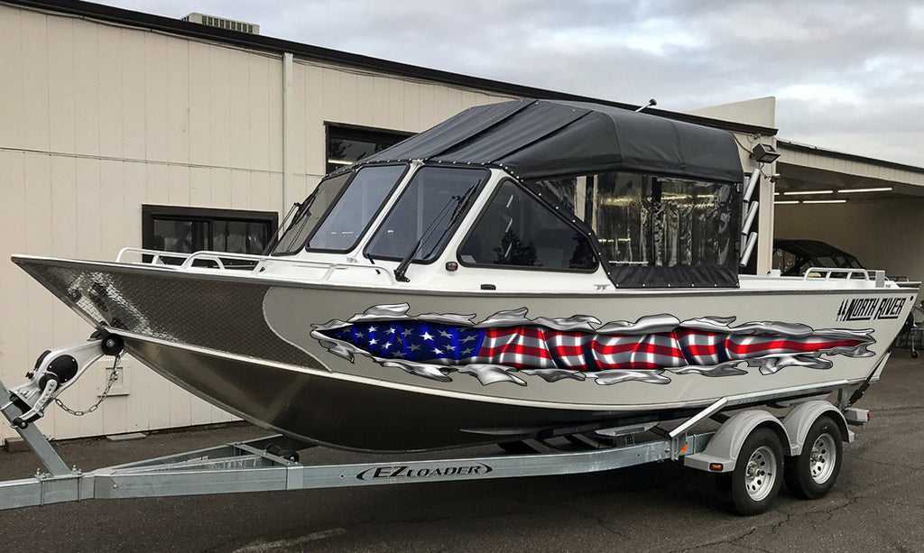 US Flag ripped metal car vinyl decal, US Pride speed boat vinyl graphic, Watercraft Wrap, American flag cigar boat wrap, Yacht 3D sticker