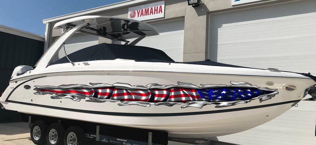 US Flag ripped metal car vinyl decal, US Pride speed boat vinyl graphic, Watercraft Wrap, American flag cigar boat wrap, Yacht 3D sticker