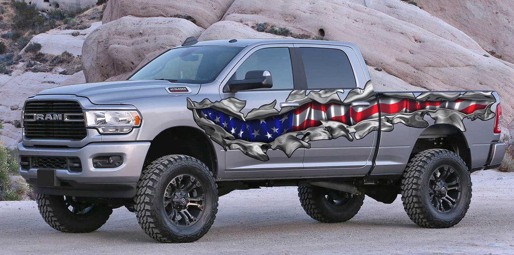 USA Flag Truck Vinyl Side Graphics, American Flag Car Sticker, Ripped USA Flag Truck Wrap, USA Flag Truck Side Full Color Vinyl Decal