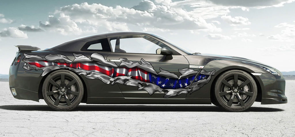 USA Flag Car Vinyl Sticker, USA Flag Car Side Wrap, American Flag full color car side graphics, 3D Ripped Metal USA Flag Car Decal