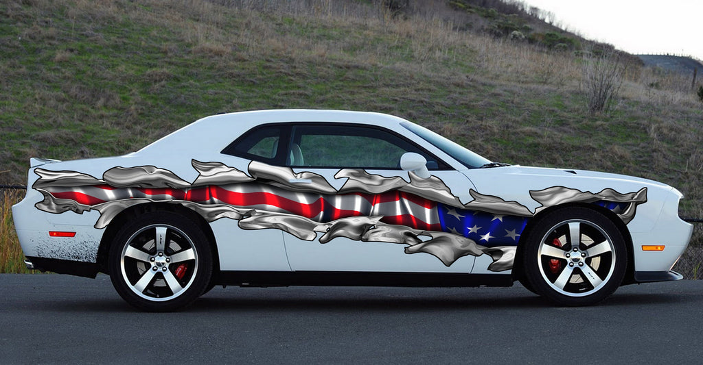 USA Flag Car Vinyl Sticker, USA Flag Car Side Wrap, American Flag full color car side graphics, 3D Ripped Metal USA Flag Car Decal