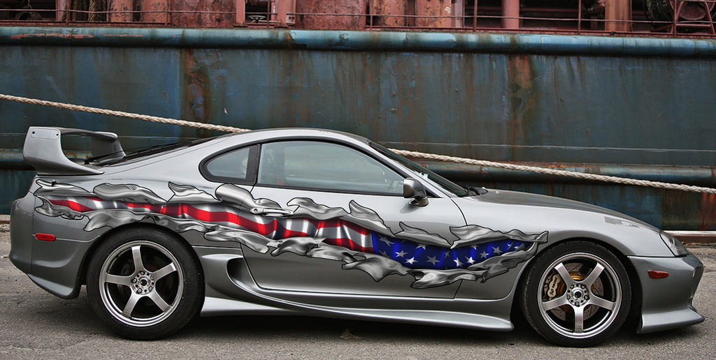USA Flag Car Vinyl Sticker, USA Flag Car Side Wrap, American Flag full color car side graphics, 3D Ripped Metal USA Flag Car Decal