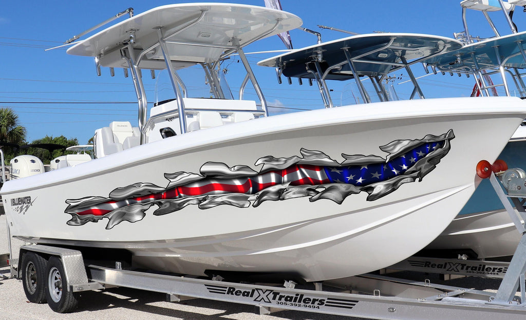 American Flag Boat Decal – Ripped Metal Vinyl Wrap for Boats, Patriotic USA Graphic Sticker, Waterproof Marine Vinyl for Hull or Sides