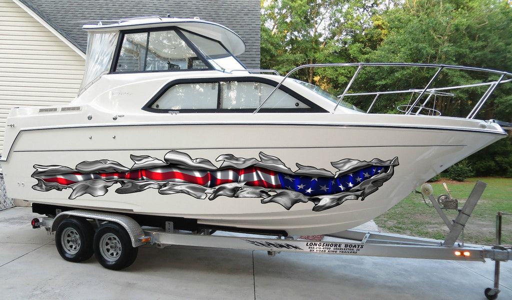 American Flag Boat Decal – Ripped Metal Vinyl Wrap for Boats, Patriotic USA Graphic Sticker, Waterproof Marine Vinyl for Hull or Sides