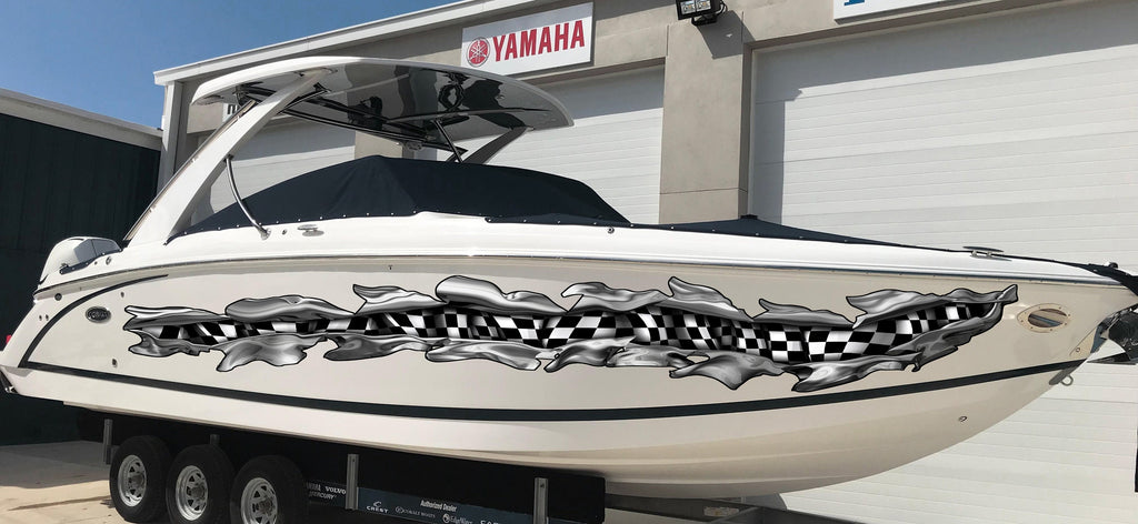 Checkered flag boat vinyl side wrap, Racing flag boat vinyl side sticker, Checkered flag Ripped Metal full color Watercraft vinyl design
