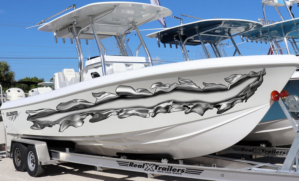 Ripped Metal boat vinyl side wrap, 3D Ripped Metal boat vinyl sticker, Ripped Metal full color watercraft vinyl design, Metal boat decal