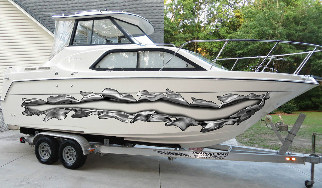 Ripped Metal boat vinyl side wrap, 3D Ripped Metal boat vinyl sticker, Ripped Metal full color watercraft vinyl design, Metal boat decal