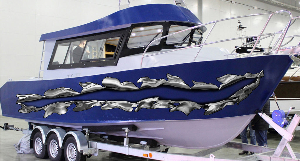 Ripped Metal boat vinyl side wrap, 3D Ripped Metal boat vinyl sticker, Ripped Metal full color watercraft vinyl design, Metal boat decal