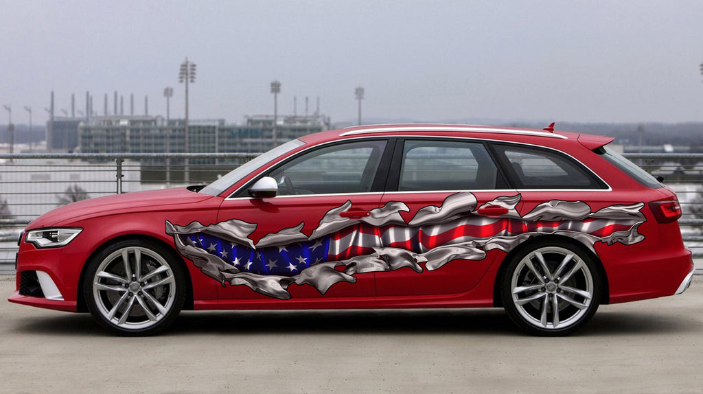 US Pride Car Vinyl Sticker, US Flag Ripped Metal Car Vinyl Decal, US Flag Car Wrap, American Flag Car Side Design, Big Flag Car Decals