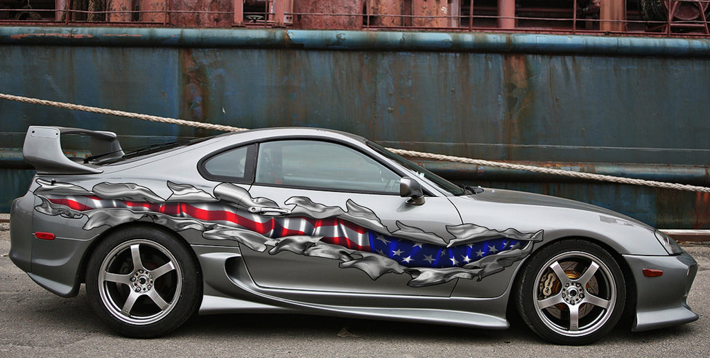 US Pride Car Vinyl Sticker, US Flag Ripped Metal Car Vinyl Decal, US Flag Car Wrap, American Flag Car Side Design, Big Flag Car Decals