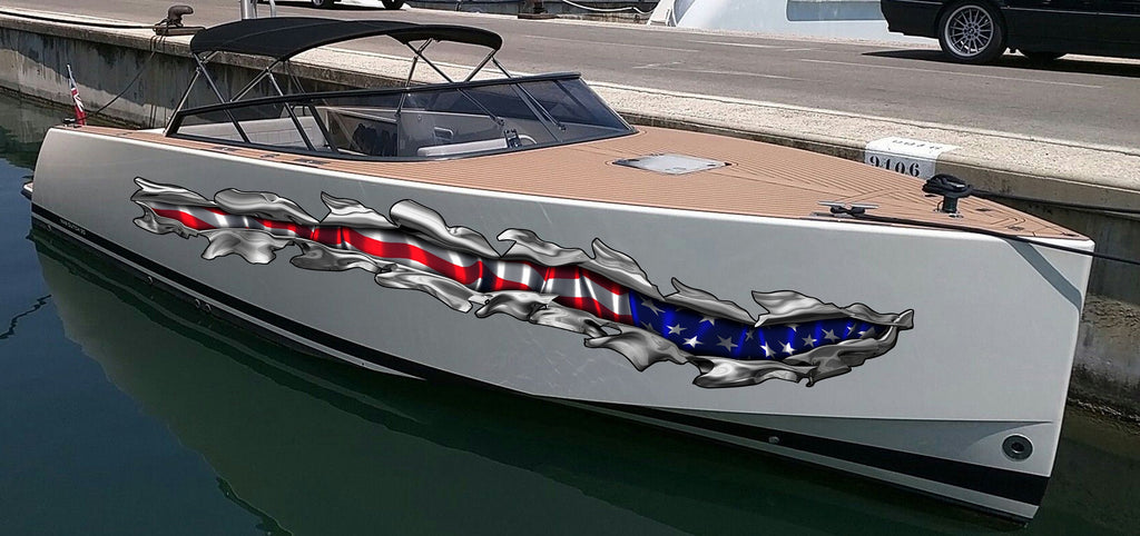 US Flag Ripped Metal Boat Vinyl Decal, USA Flag Boat Wrap, American pride Boat Vinyl, Flag Boat Graphics, Full Color USA Flag Boat Sticker
