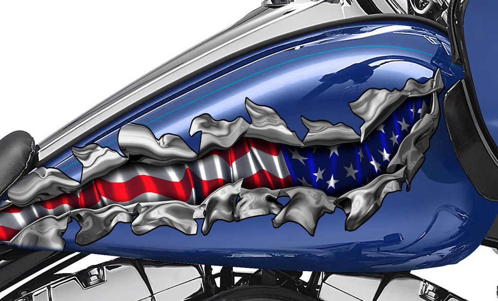USA Flag Motorcycle Vinyl Decal, American Flag Bike Decal, USA Flag Crotch Rocket Sticker, Ripped Metal USA Flag Bike Vinyl Graphics