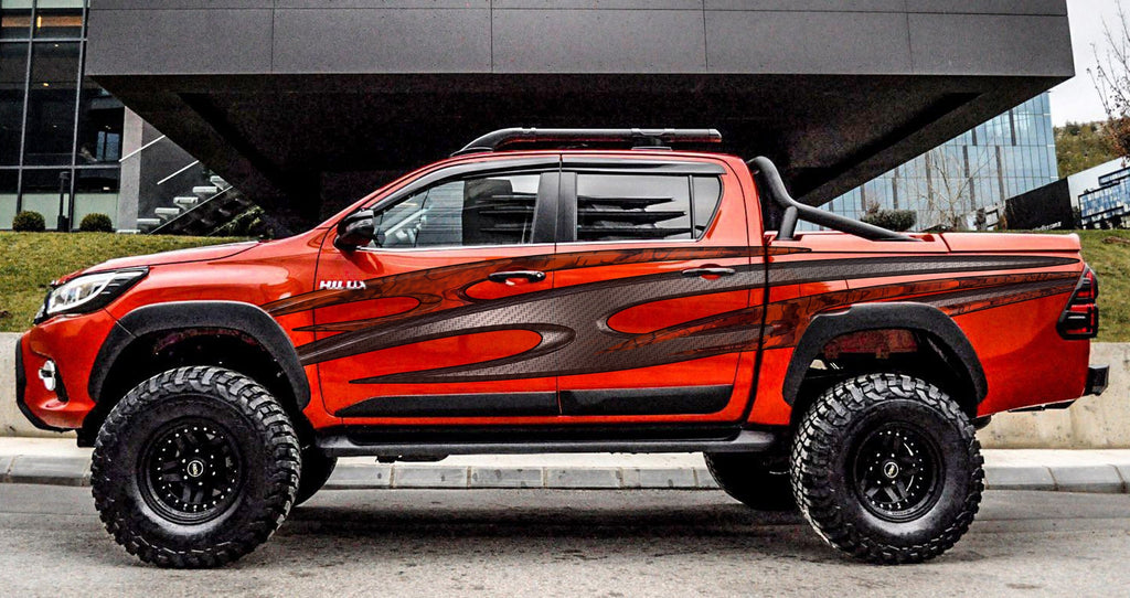 Tribal Flame Vinyl Decal – Carbon Fiber Style Side Graphics – Full Body Truck Wrap – Off-Road Pickup Sticker Kit